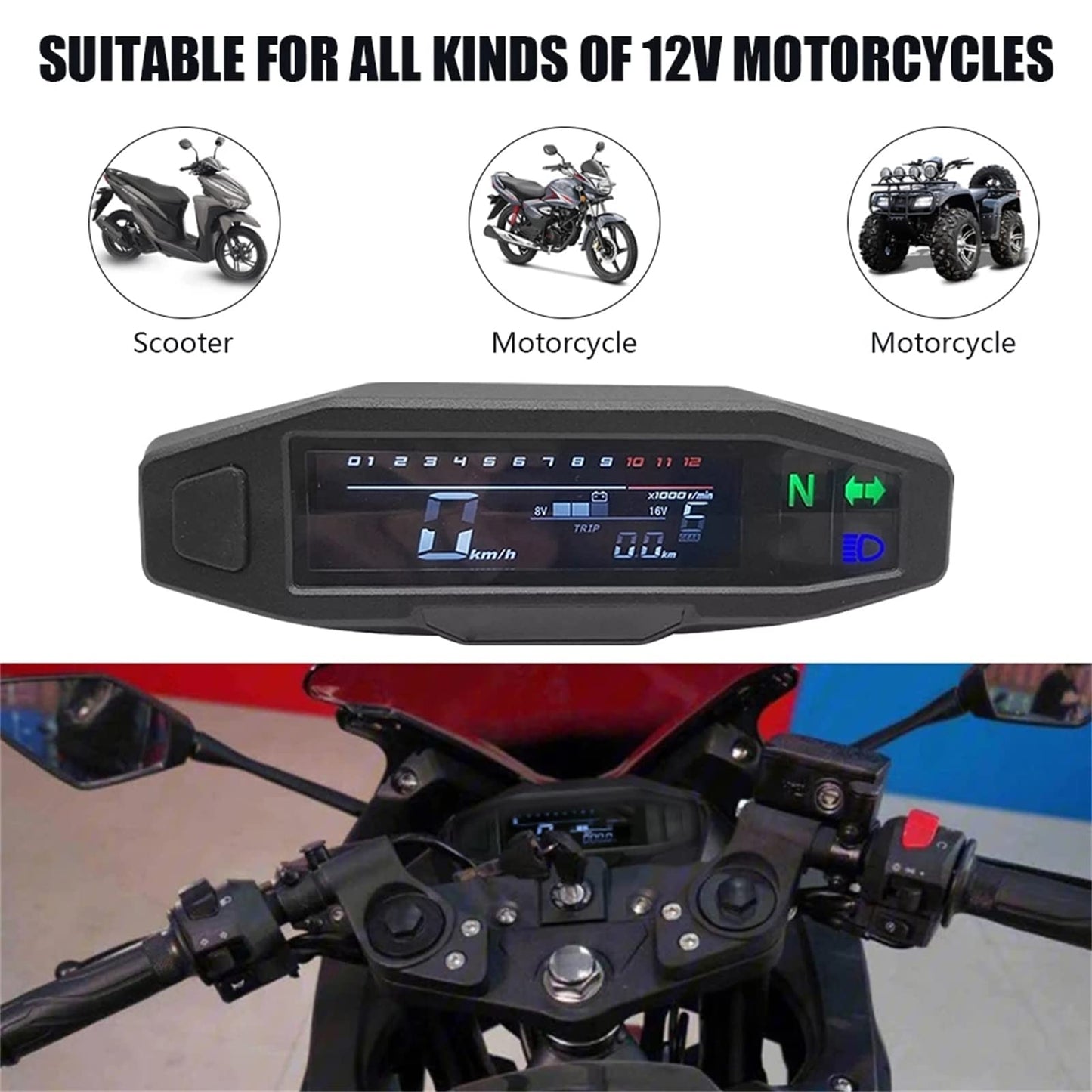 KAOLALI Universal Digital Motorcycle Tachometer with LCD Display, Carburetor, Odometer with Sensor
