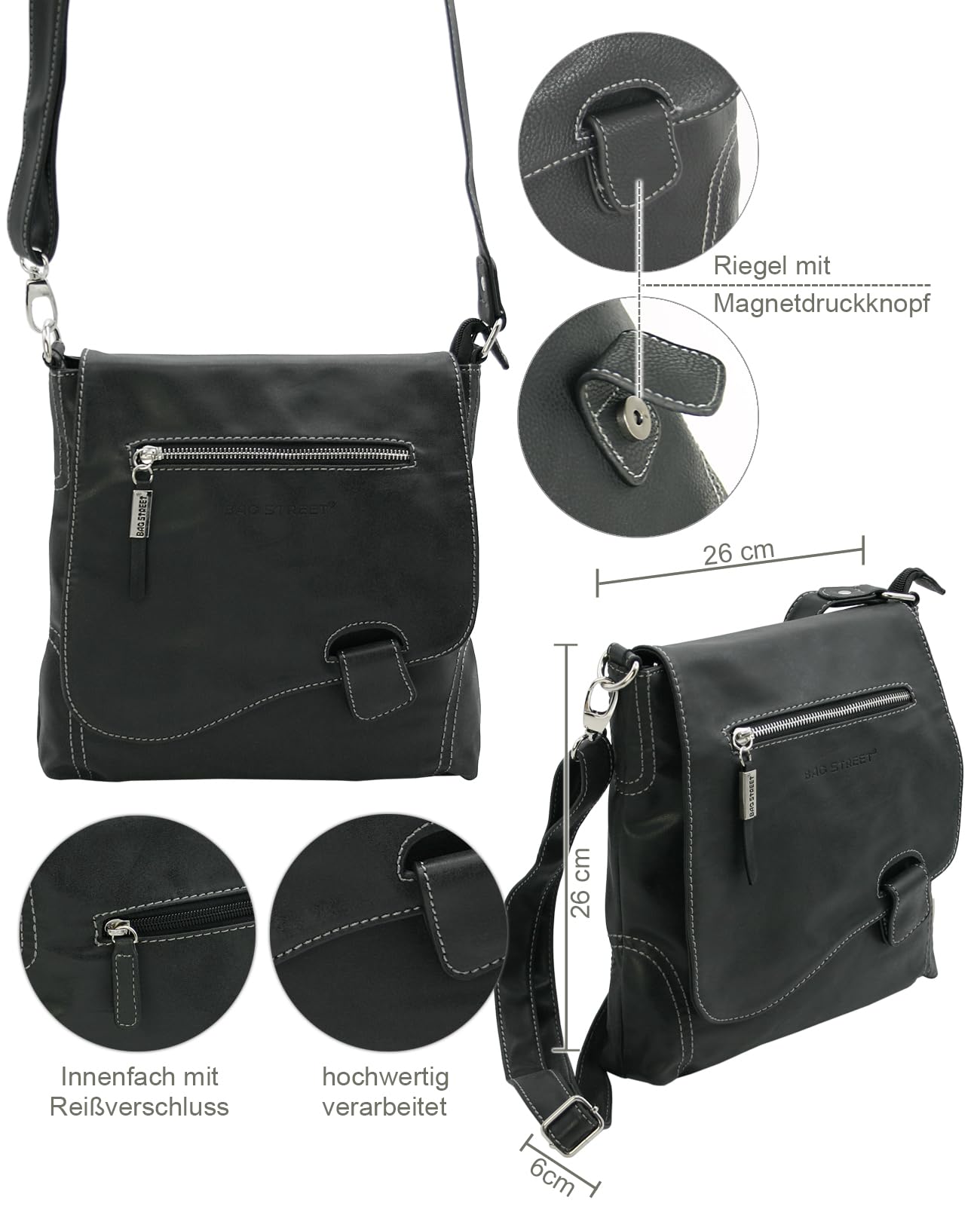 BAG STREET - Women's handbag with flap magnetic closure and zipper - 4 liters volume - Shoulder bag - Crossbody bag