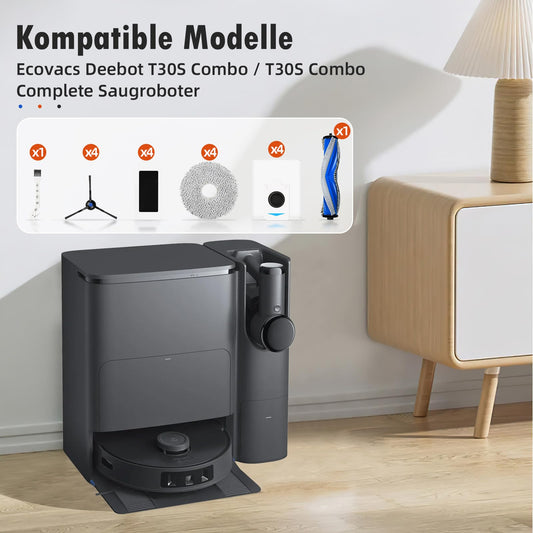 18 pieces of accessories for Ecovacs Deebot T30S Combo/ T30S Combo Complete robot vacuum, including 1 main brush, 4 dust bags, 4 wiping cloths, 4 filters, 4 side brushes, and 1 cleaning brush.