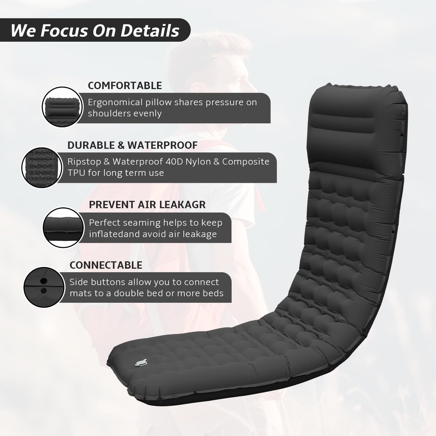 Self-inflating sleeping pad air mattress, comfortable 12CM thickened inflatable mattress with foot pump and pillow, waterproof camping mat outdoor, ultralight sleeping pad for tent and beach.