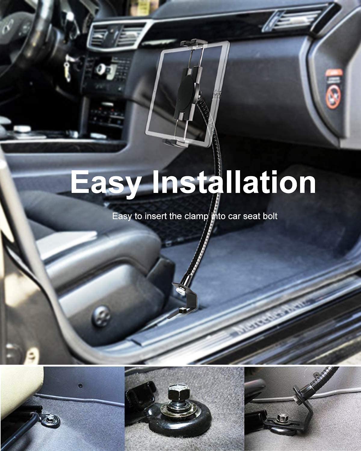 Oilcan seat rail car mount tablet holder, truck van bolt tablet phone holder with swan neck metal arm for iPad Pro Air Mini, Samsung Tabs, iPhone, more 4-13" phones and tablets.