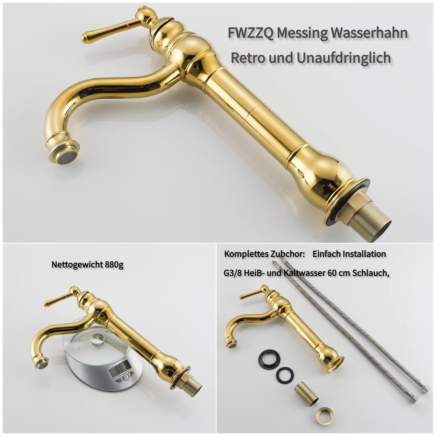 FWZZQ Gold Retro Bathroom Faucet, Basin Faucet High Swivel 360°, Single Handle Sink Faucets, Nostalgic Brass Bathroom Mixer Tap for Bathroom