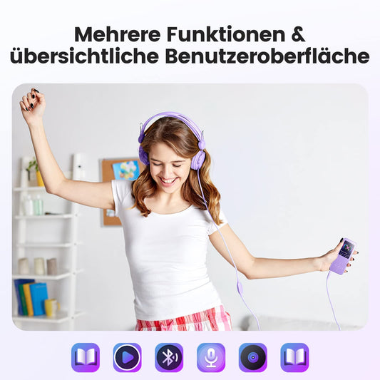 AGPTEK MP3 Player Bluetooth 5.3, 32GB HiFi Sound Music Player with 2.4 Inch TFT Color Screen, Headphones, Speaker, Touch Buttons, FM Radio, E-Book, Recording, Supports TF-128GB, Purple