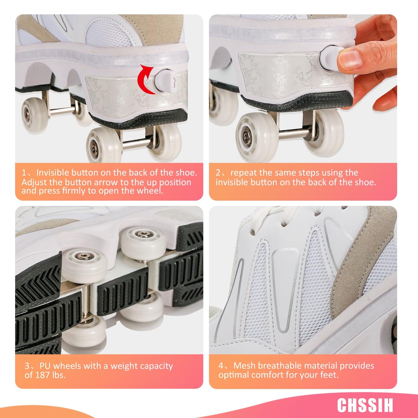 Girls and children roller skates shoes with wheels adjustable quad kick roller skates for women 2 in 1 inline skates deformation sneakers for beginners, gray-41EU