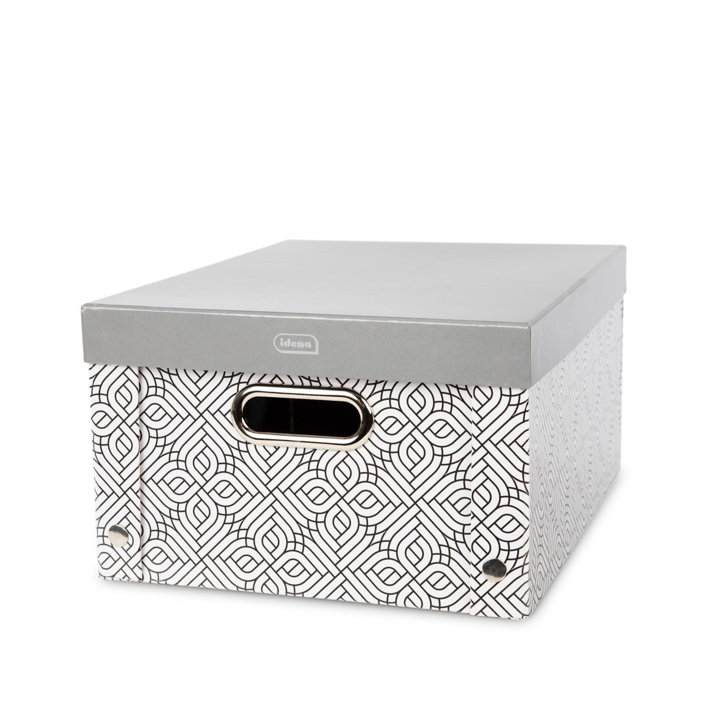 Idena 11196 - Storage box with lid and metal handles, organizer basket made of sturdy cardboard, approx. 14.8 x 11 x 7.1 in, gray patterned