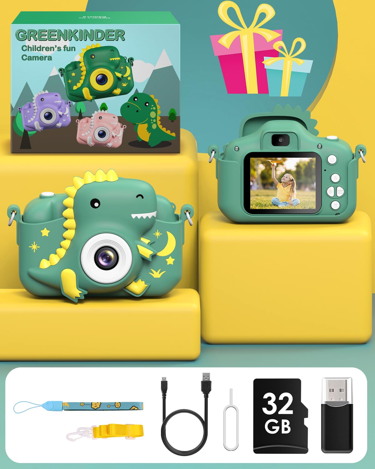 GREENKINDER Children's Camera, 2.0" Screen Kids Camera with 32GB Card, 20MP & 1080P HD Selfie Digital Camera for Children, Dinosaur Gifts for 3-12 Year Old Boys and Girls