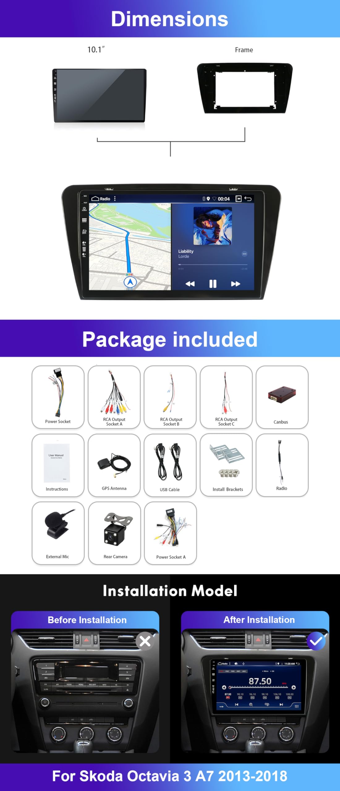 MISONDA 10-inch Android 14 car radio for Skoda Octavia 3 A7 2013-2018, GPS radio with navigation, Carplay, Android Auto, supports steering wheel control, Bluetooth, Mirrorlink, FM AM RDS, 360 camera