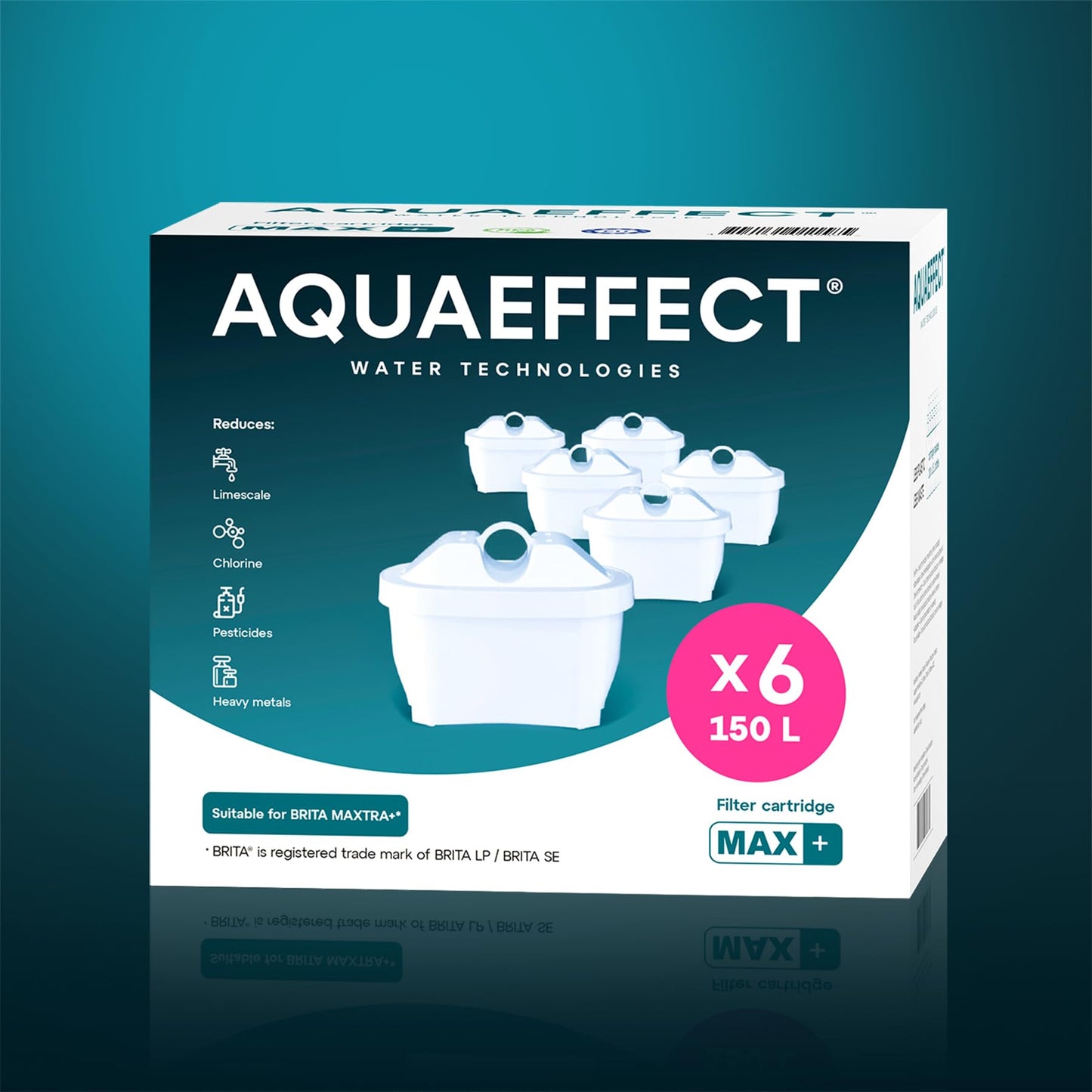 AQUAEFFECT MAX+ water filter cartridge 6-pack - Compatible with BRITA MAXTRA PRO filter jugs