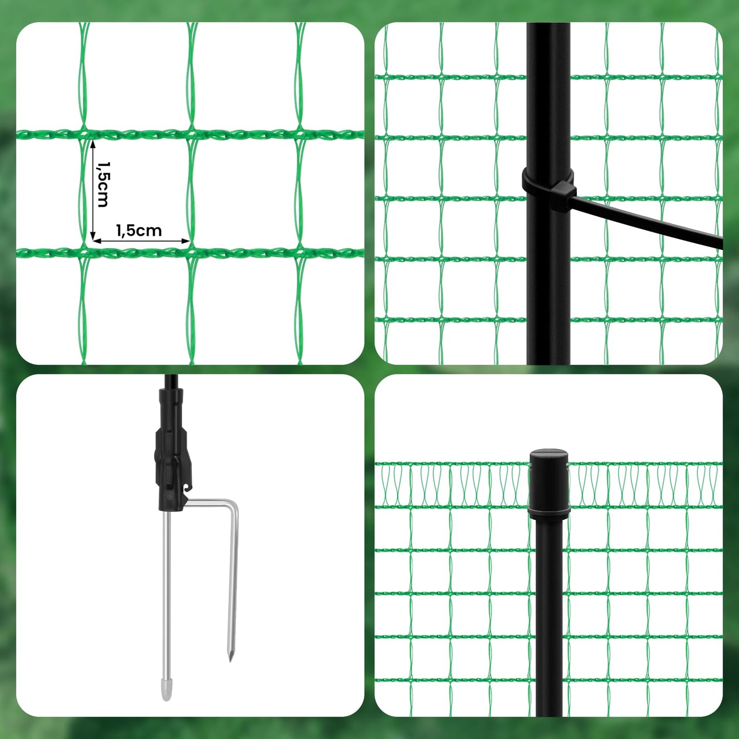 WOLTU Poultry Net, Mobile Fence 25x1.2m close-meshed, Dog Fence Garden Fence Post Fence Camping Fence Barrier Fence, with 15 stakes winch ropes ground nails cable ties, Green