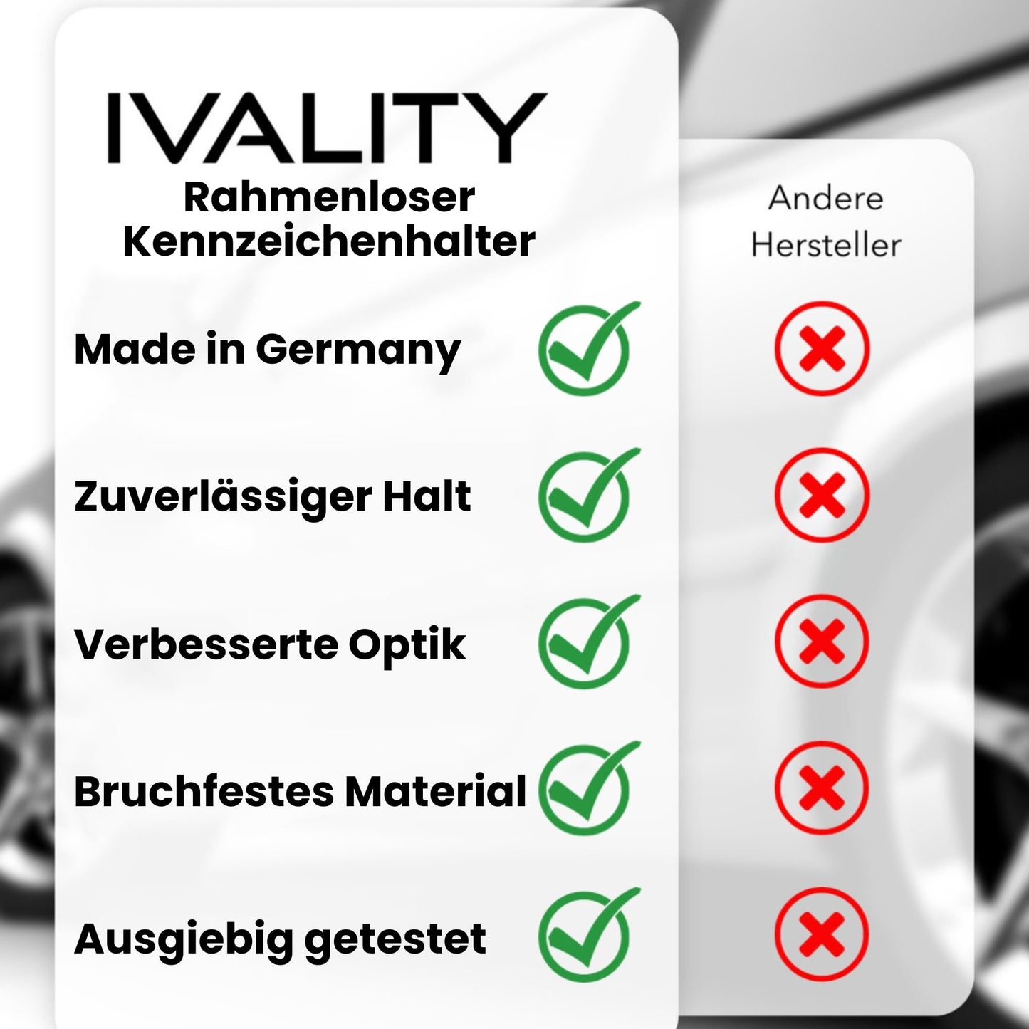 IVALITYยฎ License Plate Holder Frameless - Bracket for 2X German License Plates, Universal License Plate Holder, Car License Plate Mount, 100% legal and Made in Germany.