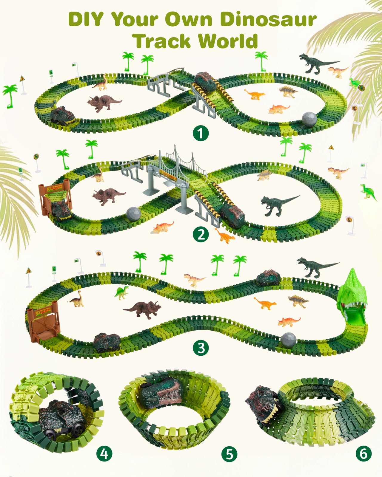 Gleamkid Dinosaur Toys Car Racing Track, Flexible Car Racing Track Railway Playset, Dino Cars Toy, Racing Track Set with many parts, Gift for Kids