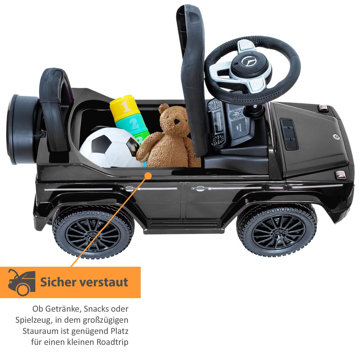 Mercedes G350d push car with quiet plastic wheels, ride-on toy for babies and toddlers, kids' vehicle, push-along car.