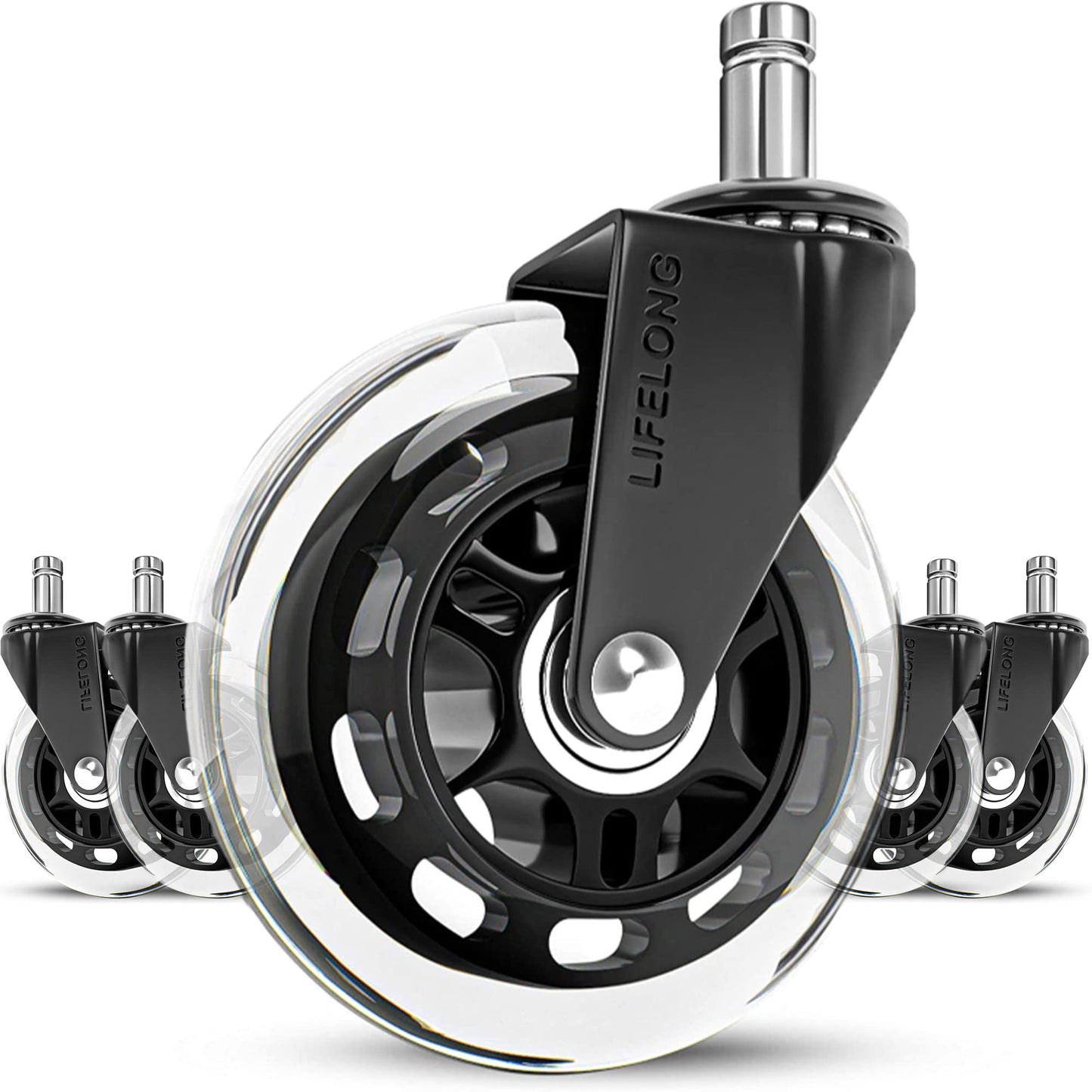 Office chair casters 5-pack, casters for office chairs, replacement wheels for office chairs on carpet and hardwood floors, durable office chair wheels replace floor mats (Not for IKEA), 11x22mm, Transparent