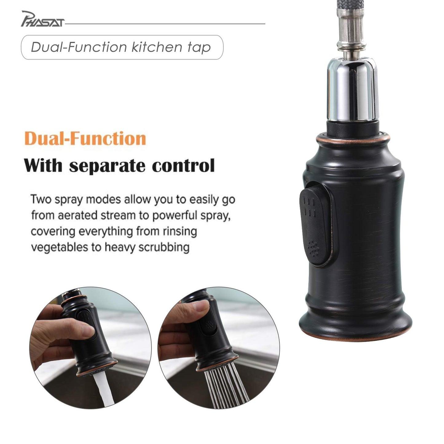 PHASAT Kitchen Faucet Pull Out Sprayer Sink Faucet with 360° Swivel 2 Functions for Kitchen, Oil Rubbed Bronze KZ06