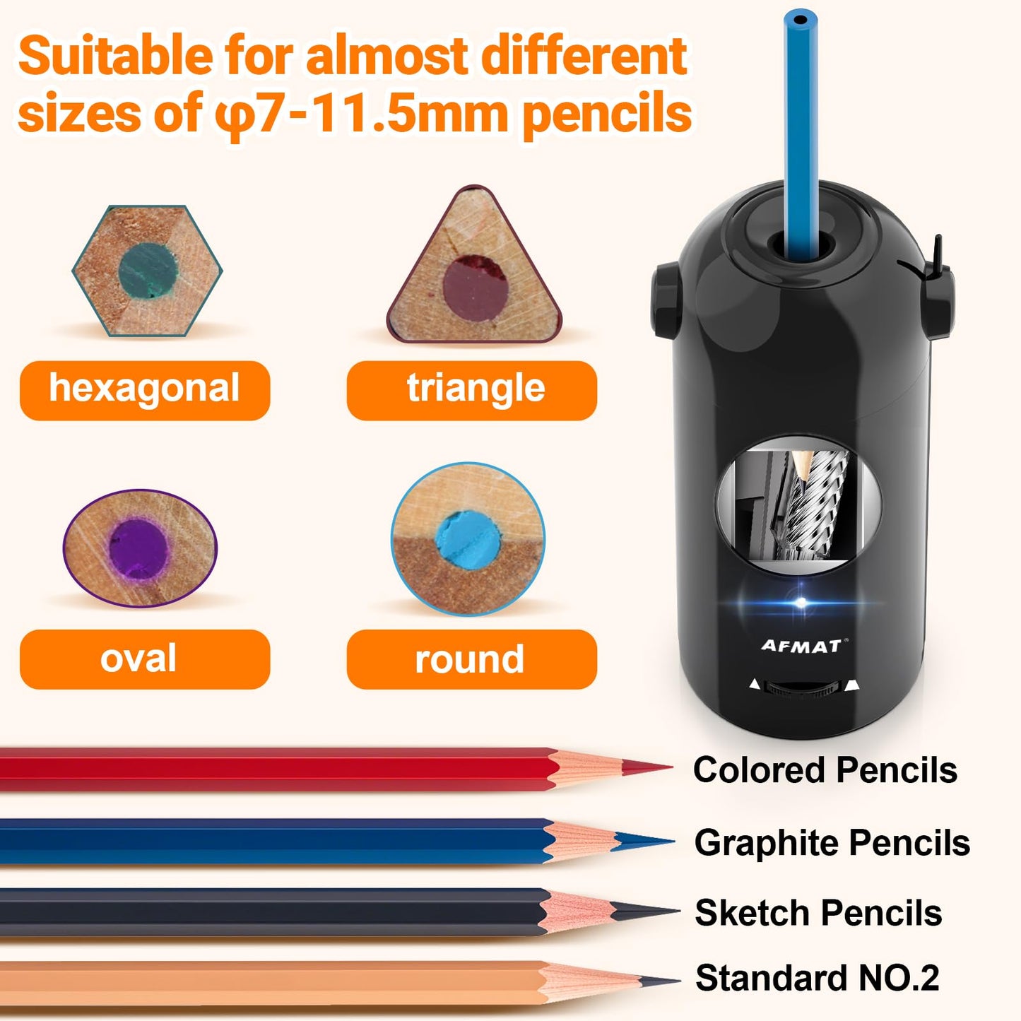 AFMAT Fully Automatic Electric Pencil Sharpener with Container, Electric Sharpener for 7-11.5mm pencils, Portable and Safe, Rechargeable Pencil Sharpener for Home, Office, School, Black