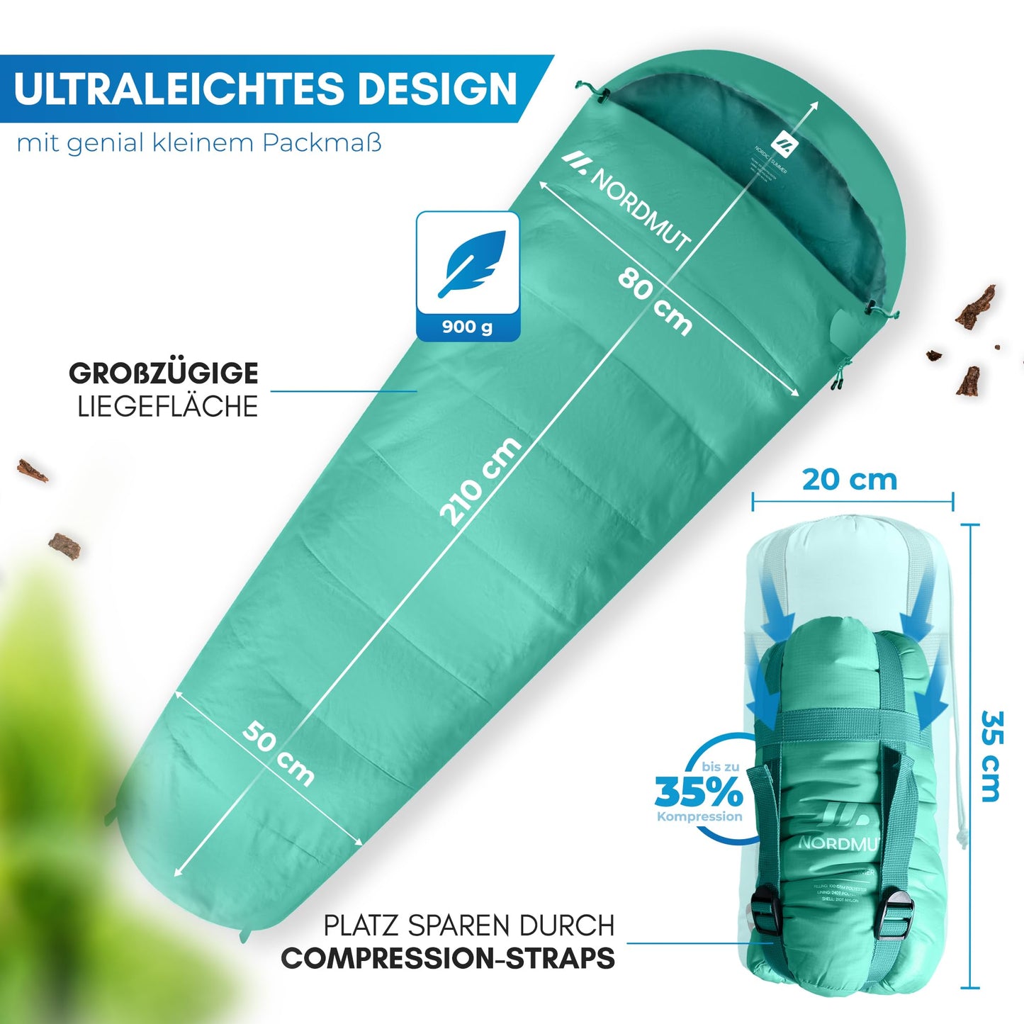 NORDMUT® Adult Sleeping Bag - compact & ultralight (900/1500g) - 3-season (250 GSM) & summer (100 GSM) - mummy sleeping bag for camping, outdoor & festivals.
