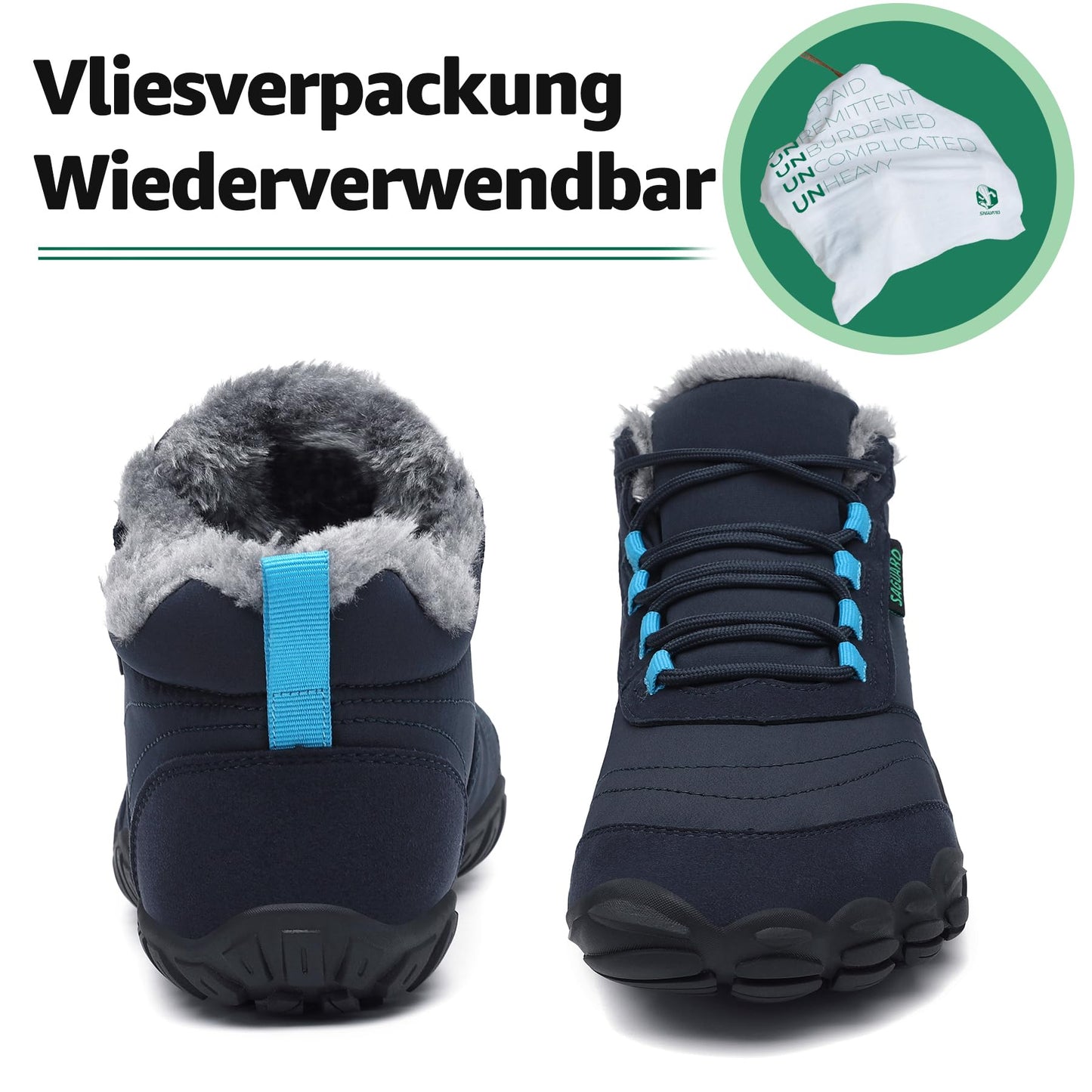 SAGUARO Winter barefoot shoes for women and men. Lined with water-resistant material. Dark blue, EU size 42. Ideal for outdoor activities in the winter.