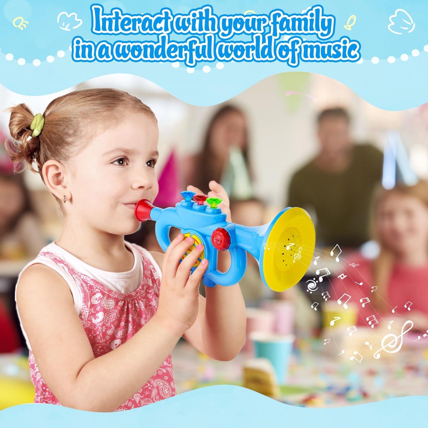 Children's trumpet toy, Luckits Portable Trumpet Horn with Music, Plastic Kids Trumpet Toy with Light Music, Song List, Trumpet Toy Gift for Boys Girls (Blue)
