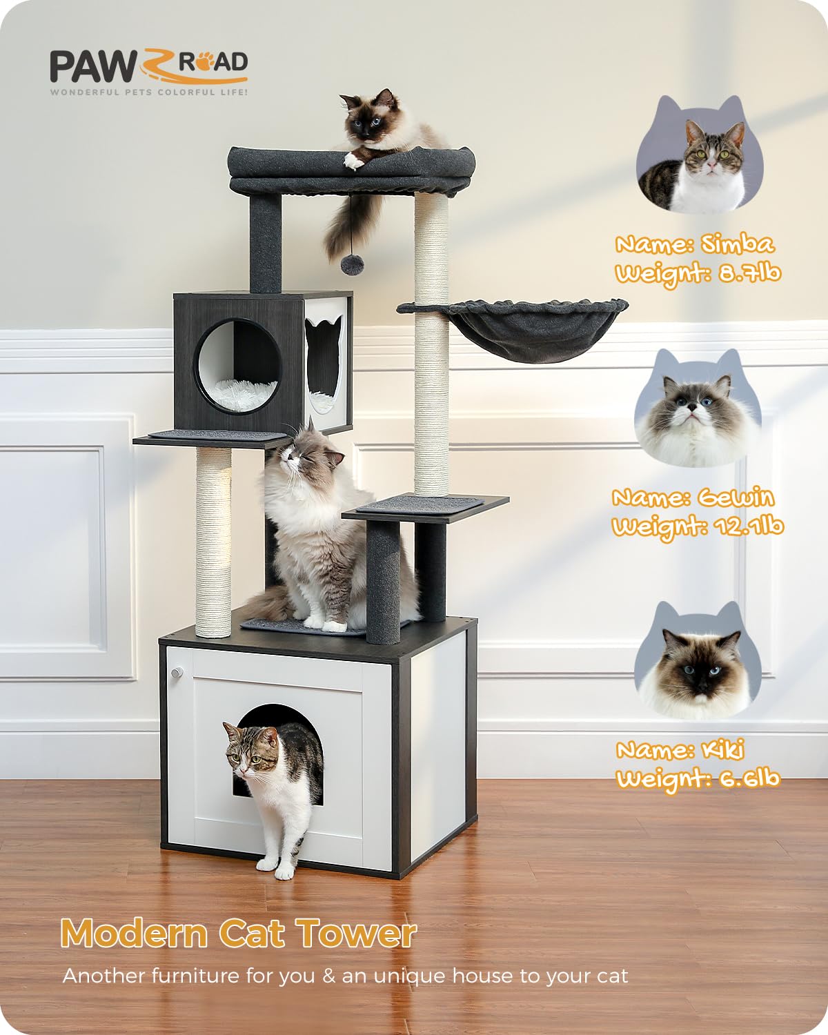 PAWZ Road Modern Cat Tree Wood Cat Tower with Storage Cabinet Cat Litter Enclosure and spacious Cat House Large top perch and hammock Black