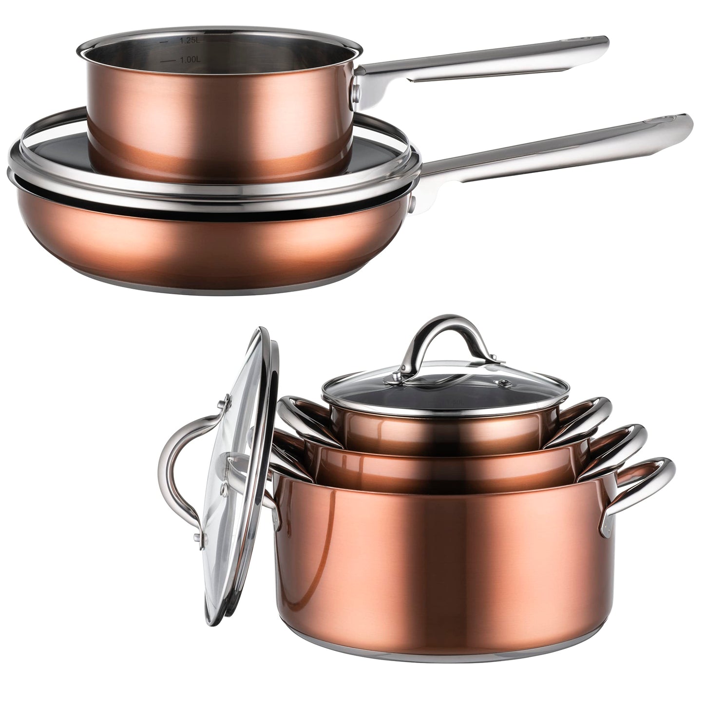 Mäser 926757 Asterion, copper-colored cookware set with modern design, 4 pots, 1 non-stick pan, and 3 glass lids. Suitable for all stovetops, including induction. Made of stainless steel and glass.