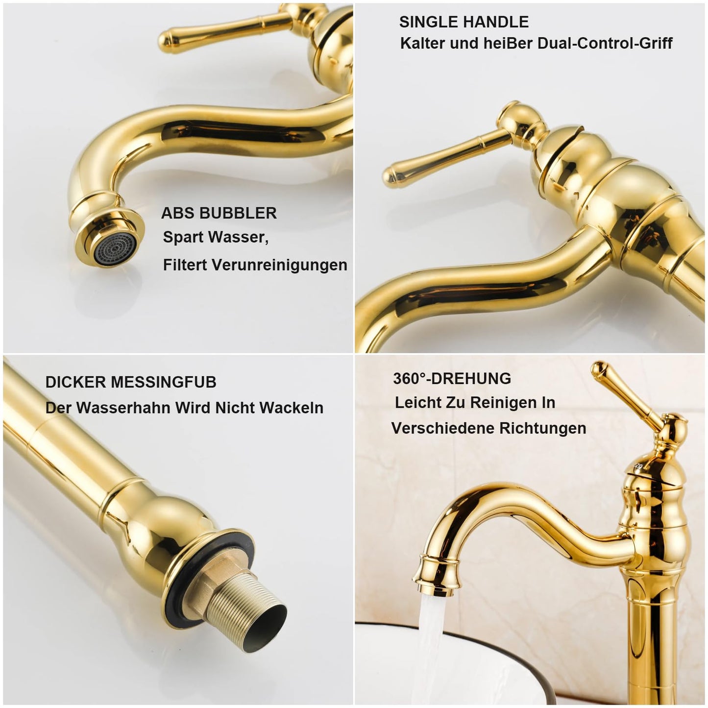 FWZZQ Gold Retro Bathroom Faucet, Basin Faucet High Swivel 360°, Single Handle Sink Faucets, Nostalgic Brass Bathroom Mixer Tap for Bathroom