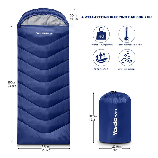 Yordawn sleeping bag for outdoor camping, adults, and kids. Suitable for summer and winter, 3-4 seasons. Ultralight, compact, waterproof, dark blue color. Ideal for travel.