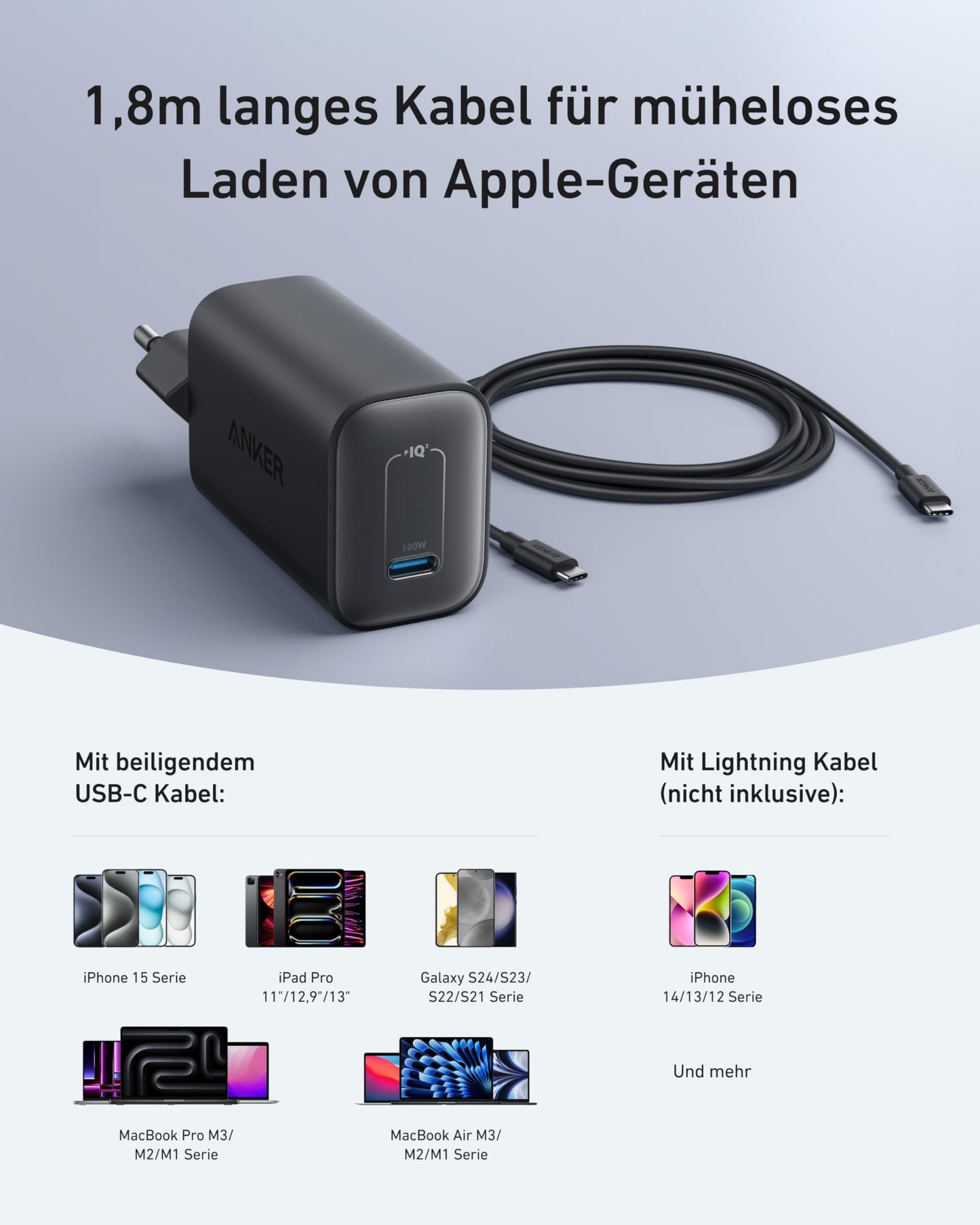 Anchor Nano Charger, 100W MacBook Charger, Power Adapter for MacBook, iPad, iPhone 16, Galaxy, and all USB-C devices, 1.8m USB-C cable included.
