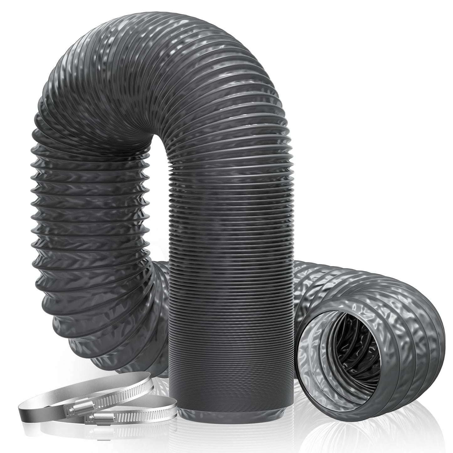 Hon&Guan ø100mm 5m Long Exhaust Hose, PVC Aluminum Flex Duct Vent Hose with 2 Stainless Steel Hose Clamps for Portable Air Conditioner, Dryer, Exhaust Fan, Range Hood, Ventilation System, Gray