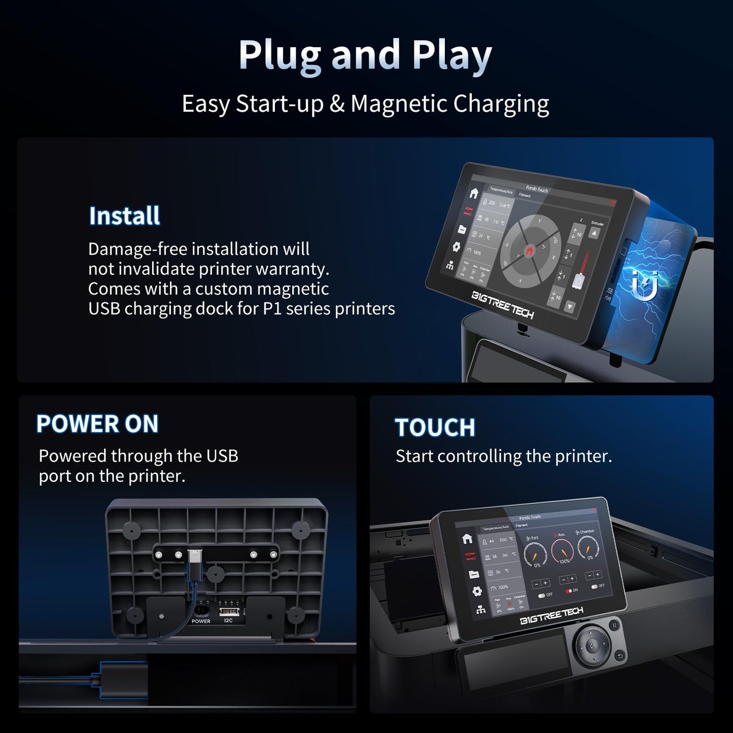 BIGTREETECH Panda Touch, compatible with Bambu-lab P1S/P1P/X1C/A1/A1 Mini 3D printers, touchscreen upgrade kit, supports AMS and multi-printers management. Please check firmware compatibility.