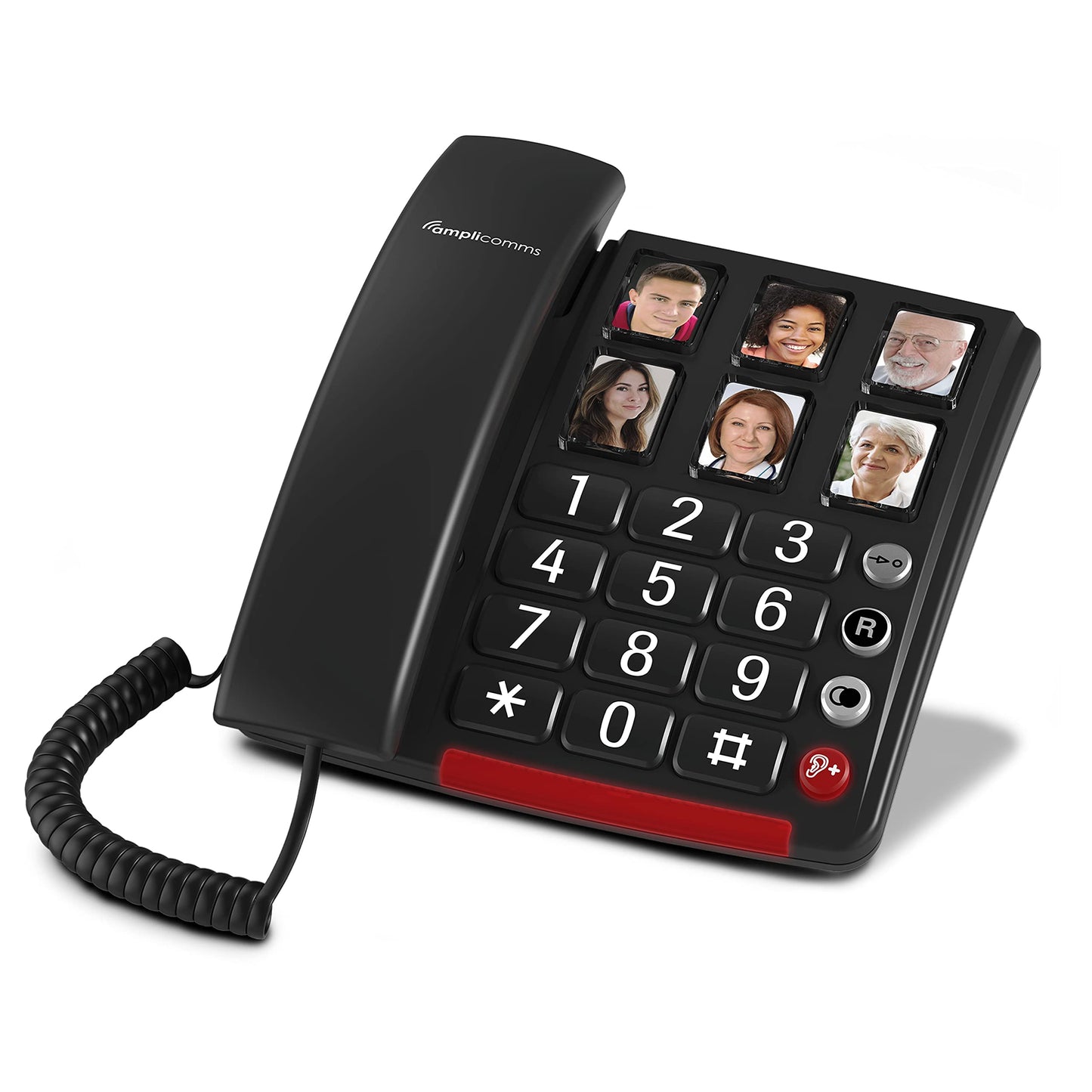 Amplicomms BigTel 40 Plus, corded large button telephone with six photo speed dial buttons, audio boost +40dB, extra loud ringtones, hearing aid compatible.