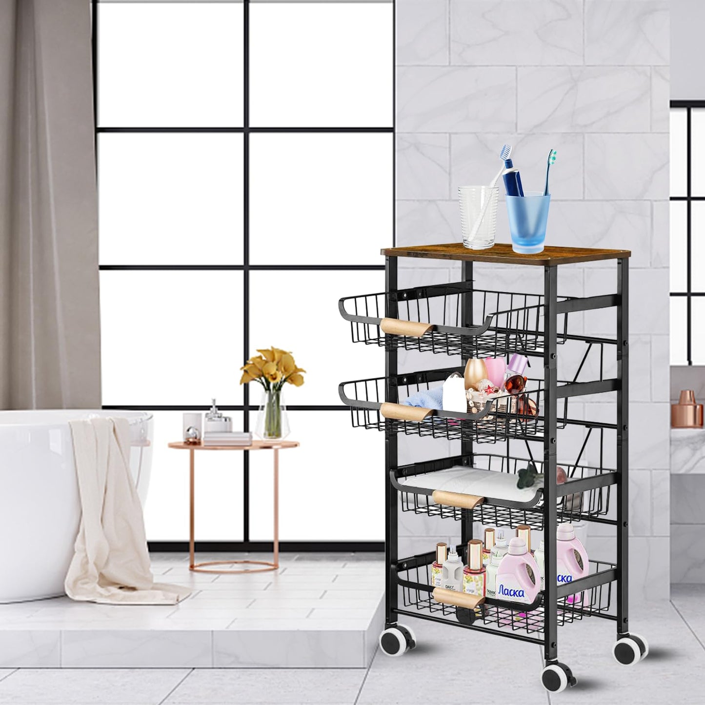 Treesunshine rolling utility cart, kitchen cart with countertop, serving cart with extendable basket made of iron-carbon alloy, wooden kitchen cart, kitchen cart with ample storage, 5-tier utility cart