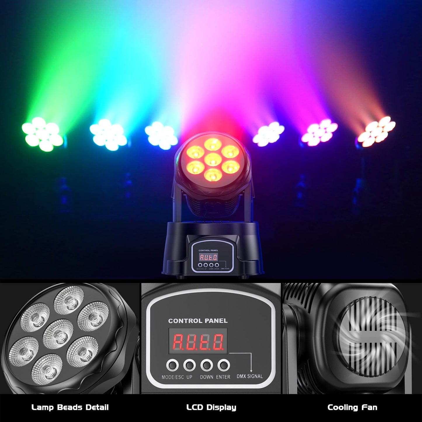 2 pack 7X15W Moving Head Wash LED lights with dmx512 RGBW, 5 control modes, 4 in 1 DJ lights for live events, bar, karaoke, Christmas, Halloween, home parties, weddings.
