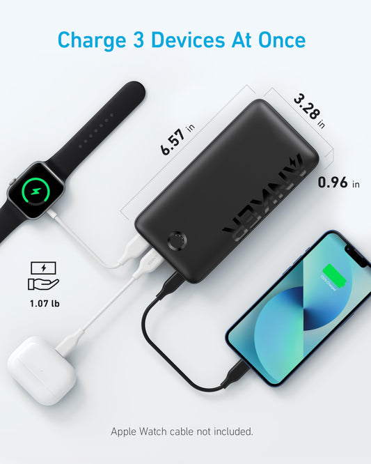 Anchor 335 Powerbank (PowerCore 20K), 20W external battery with USB-C charging, compatible with iPhone 13/12 Series, Galaxy, iPad Pro, AirPods, Apple Watch, and more.