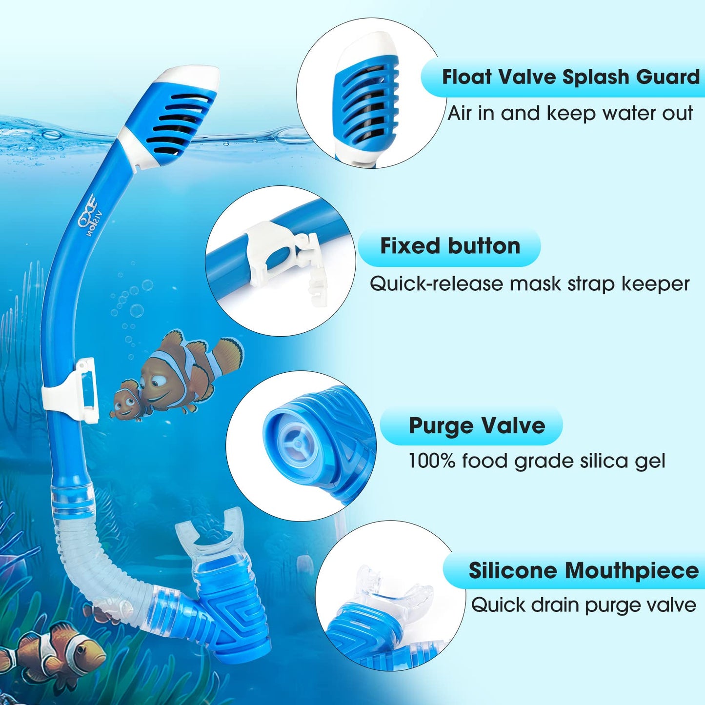 Kids snorkel set with dry snorkel & safety glass diving mask Soft liquid silicone kids diving mask Anti-fog snorkel set for kids 4-14