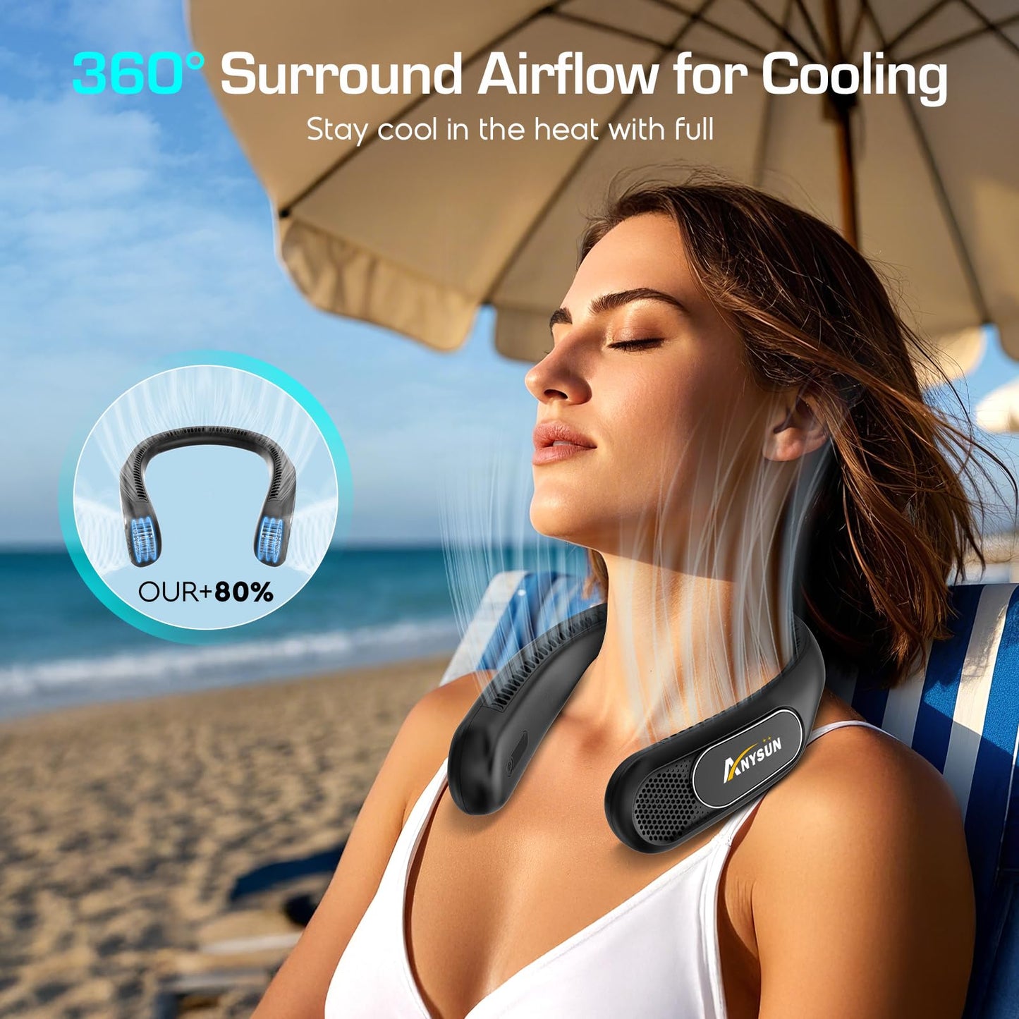 anysun Neck Fan, Hands-Free Bladeless Fan, Rechargeable 6000mAh Neck Fans, Cooling Neck Fan, 3 Speeds, USB Fans Gifts for Men, Women