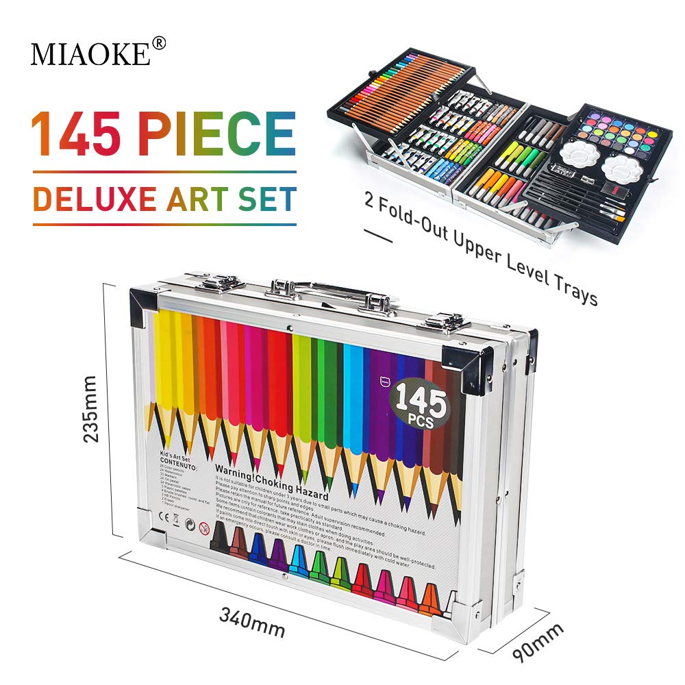 MIAOKE 145-piece art set, painting set, Deluxe Mega Aluminum Box & Art Kit with colored pencils, markers, acrylic paints, wax crayons, HB pencils, watercolor cakes, brushes, 18-sheet sketchpad.