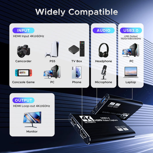 XIIXMASK Video Capture Card, Audio Video Capture Card, USB 3.0 Capture Card with 4K HDMI Loop-Out, 1080P 60FPS/2K 30FPS video game capture for streaming, compatible with PS5/Switch/camera/PC/OBS.