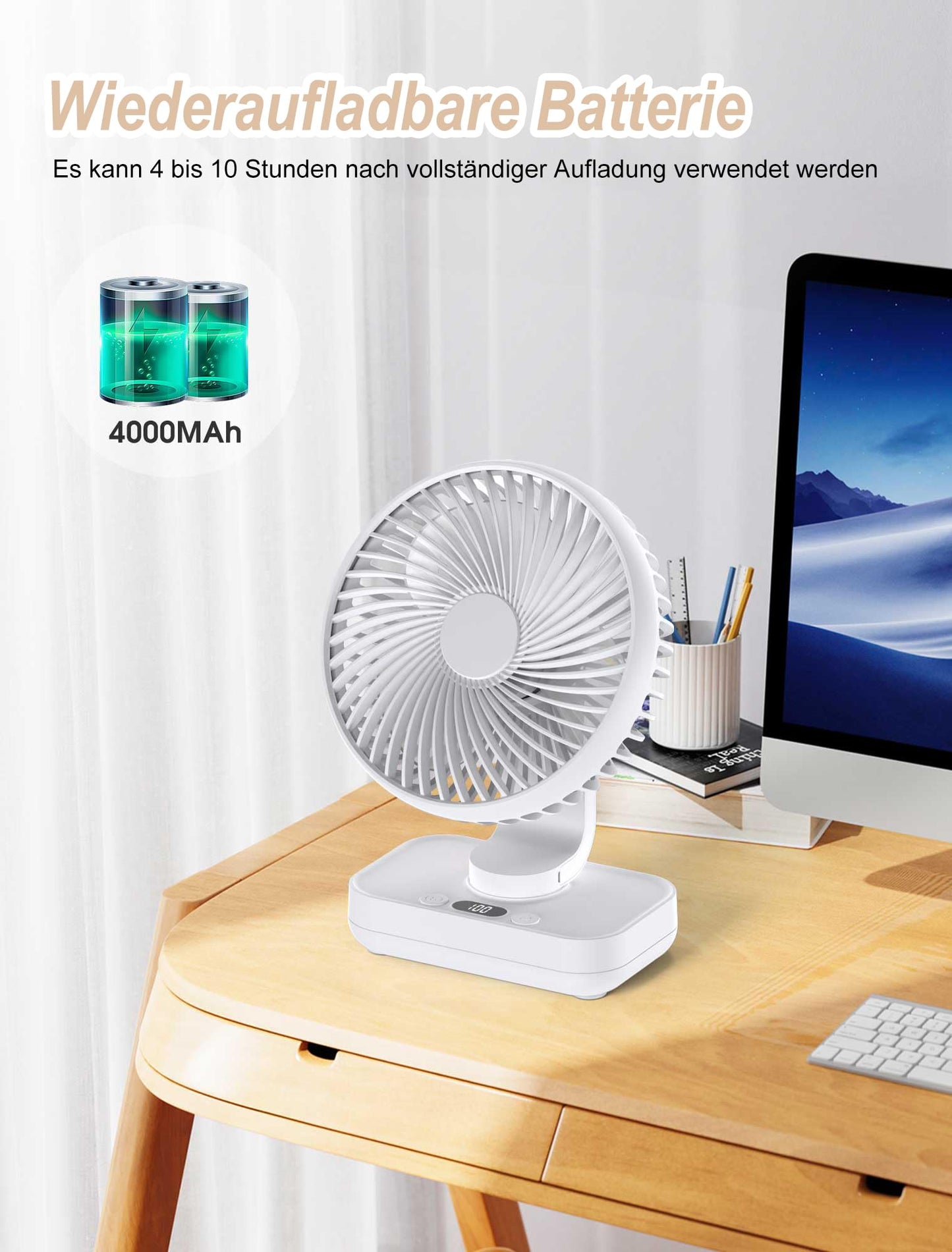 Joneytech Fan Quiet Automatic Oscillating, 4000mAh Battery USB Desk Fan 4 Speeds for Desk, Home, Picnics, and Office - LED Digital Display, 12V Mini Fan.