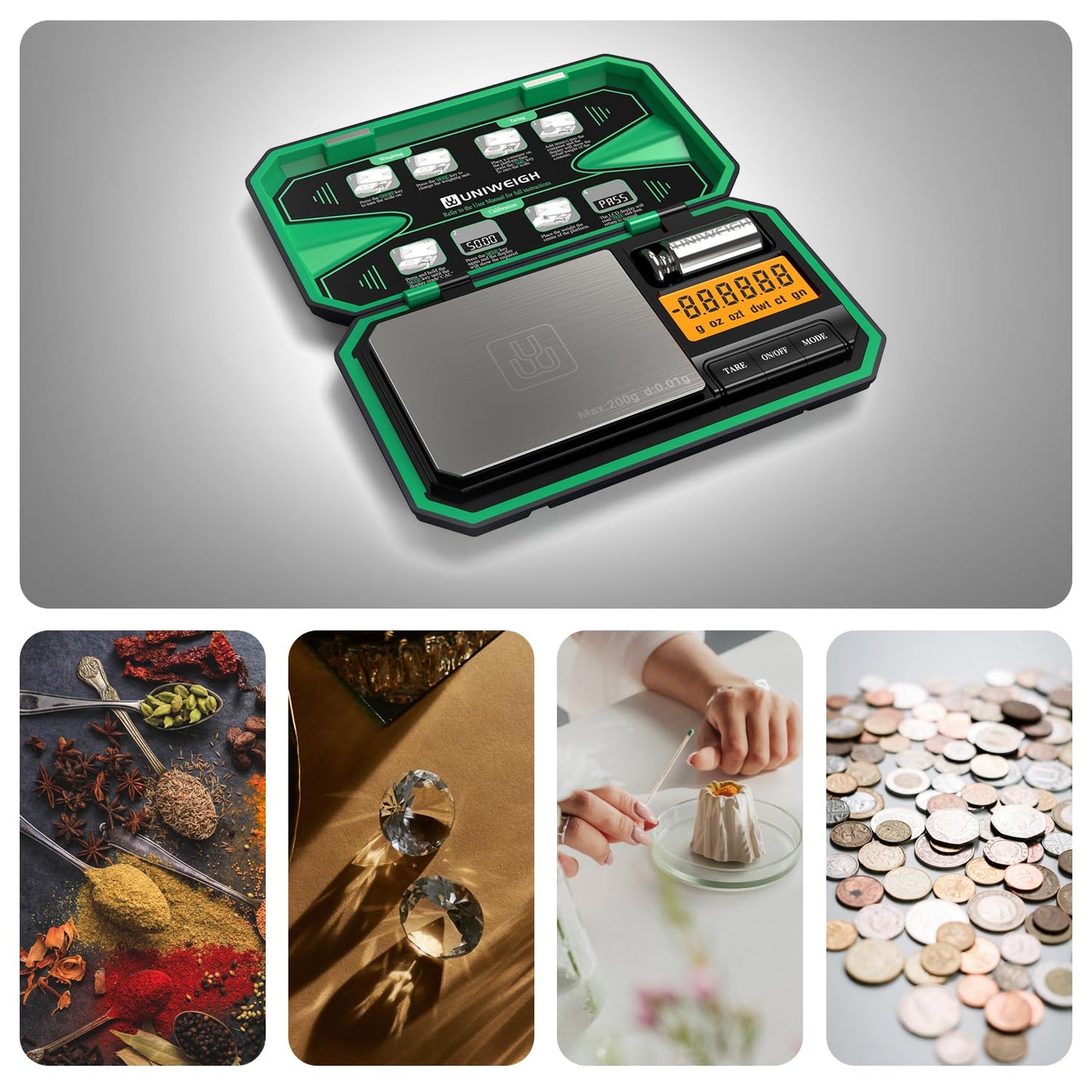 UNIWEIGH Digital Pocket Scale 200g/0.01g Precision Scale, Portable Mini Scale, Jewelry Scale, Kitchen Scale, Coin Scale, Gold Scale, Gram Scale with 50g Calibration Weight - Green