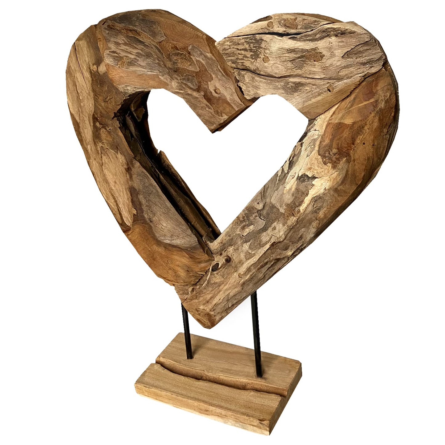 Teak wood heart unique sculpture on stand 47x37 cm high Solid wood Teak decorative heart 43300-017