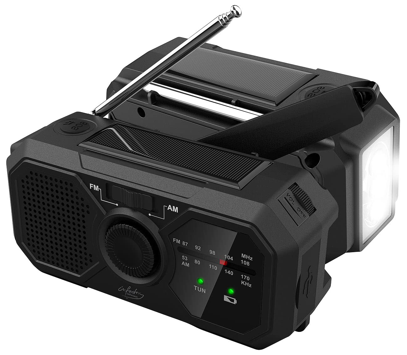 infactory Crank Radios: Solar and Dynamo Crank Radio with LED Light, SOS, Powerbank Function (Radio with Battery, Emergency Radio, Headphone Cable)