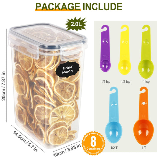 Cinnani 2L storage container set, set of 8 airtight storage containers with lids, cereal dispenser & food storage containers, BPA free kitchen storage box for storing pasta, cereal, rice, flour
