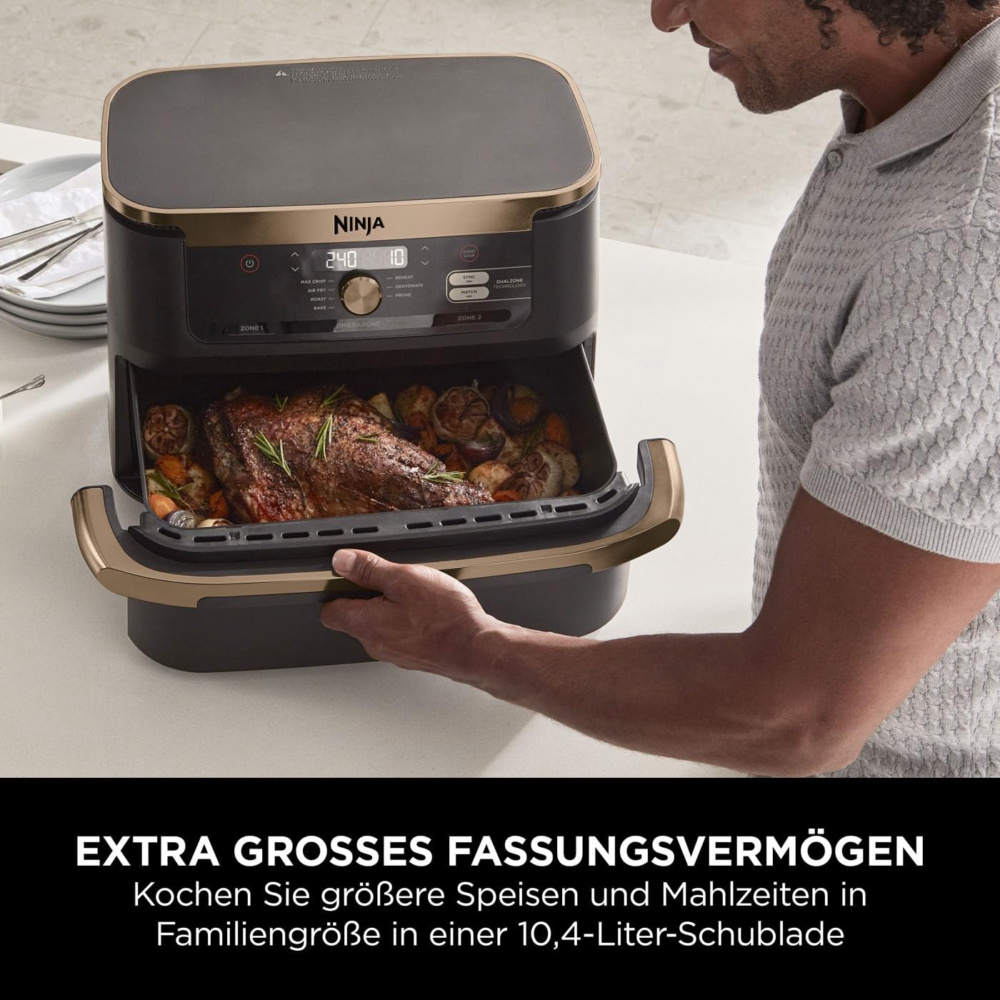 Ninja Foodi FlexDrawer Dual Zone Air Fryer with 10.4 qt capacity and removable divider, non-stick coating, dishwasher-safe basket, 7-in-1 functionality, Black & Copper, AF500EUCP
