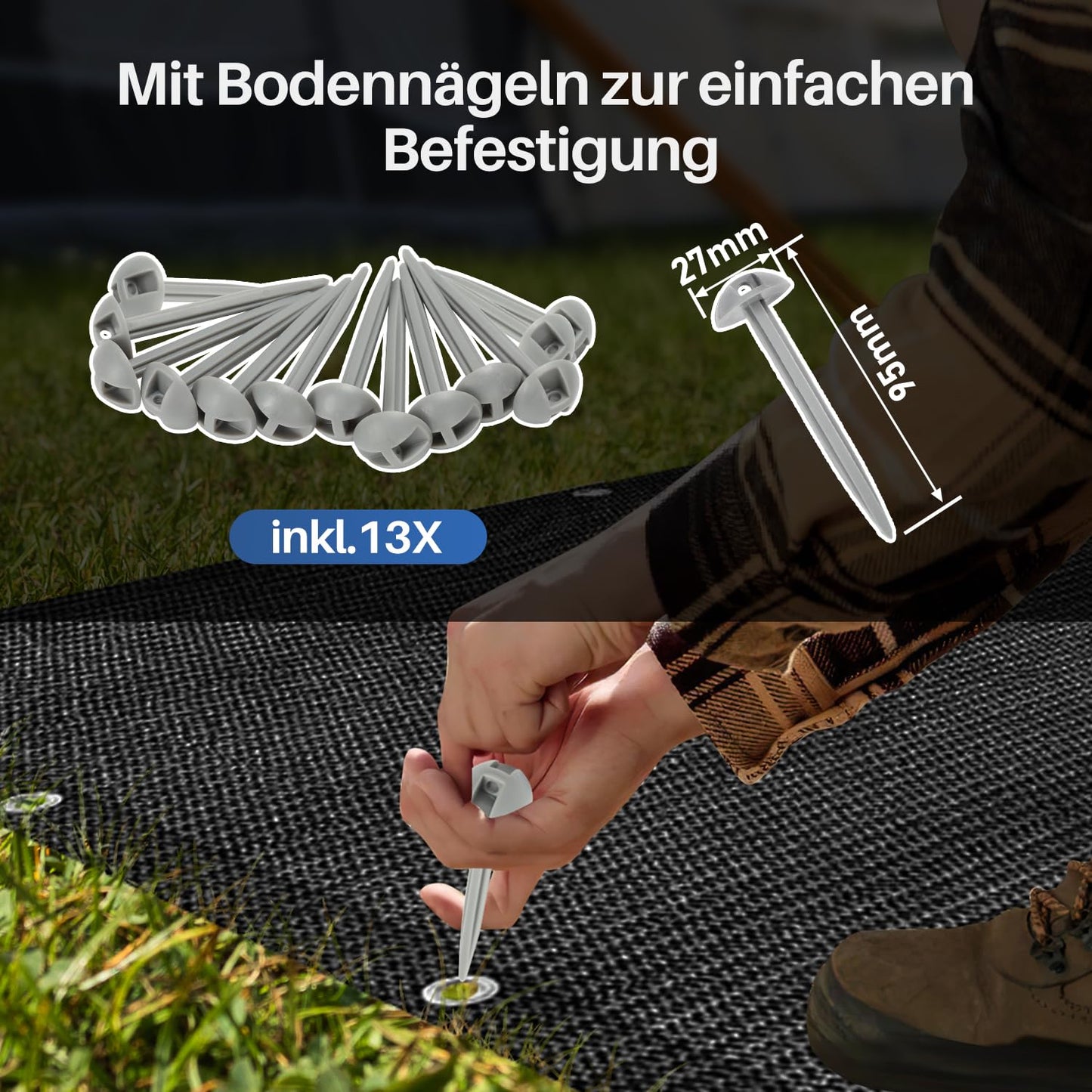 Sun World awning carpet 250x550cm, High-quality camping mat, Breathable non-slip tent carpet in black, Outdoor camping mat with 12 holes, 13 pegs, and carrying bag.