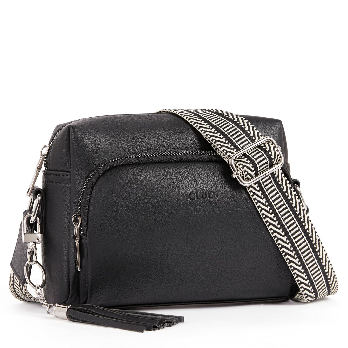 CLUCI Women's Crossbody Bag with Wide Strap, PU Leather Shoulder Bag with Fringe, Adjustable Shoulder Strap, Small Handbag in Black
