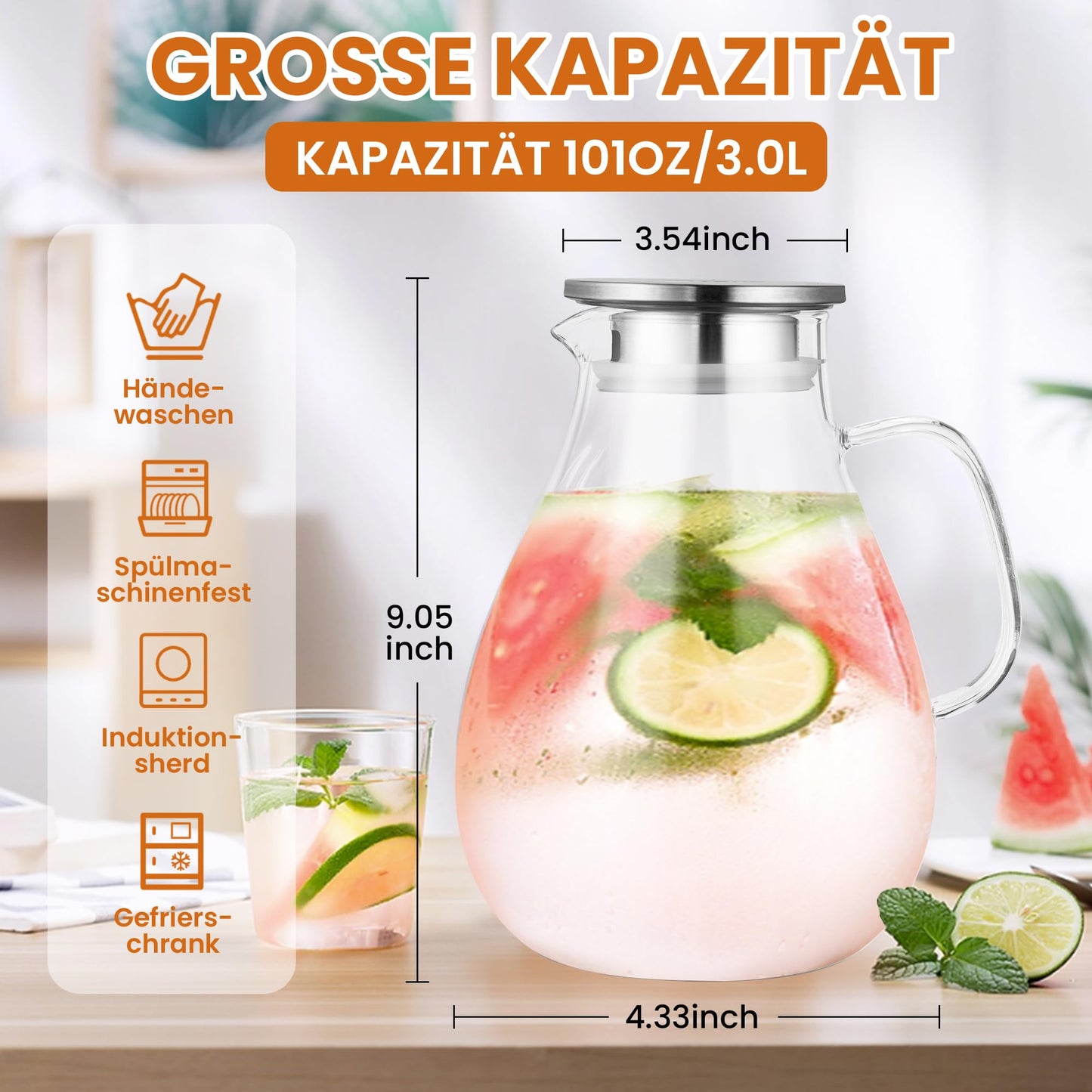SUSTEAS 3.0 Liter 101 Ounce Water Carafe, Glass Carafe with Lid and Wide Handle, Easy to Clean Glass Pitcher for Fridge, Water Jug for Iced Tea/Milk/Coffee/Wine, Carafes with Brush