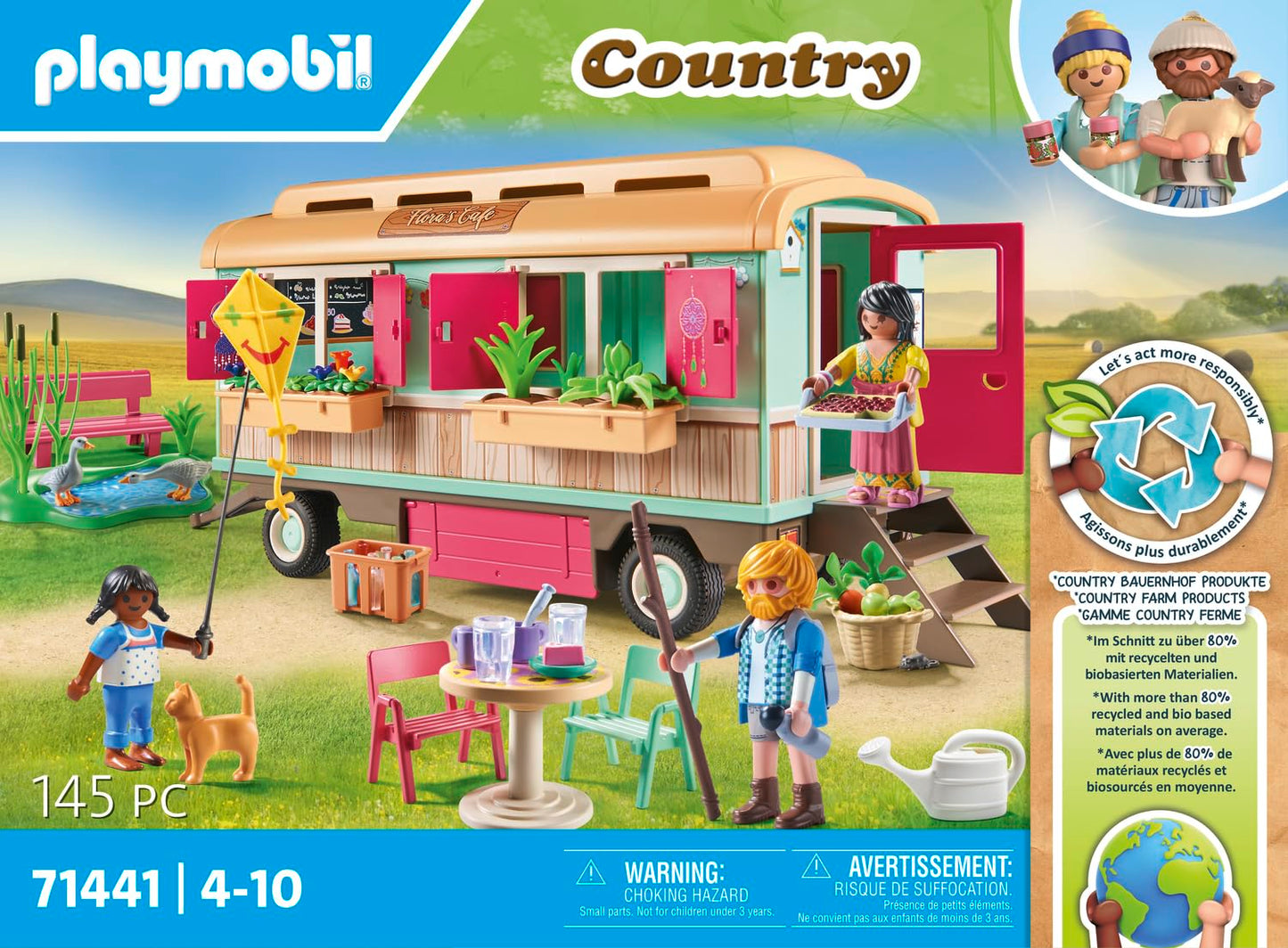PLAYMOBIL Country 71441 Cozy Trailer Café, playful learning with lovingly designed trailer, detailed amenities, and a pond with geese, sustainable toy for children aged 4 and up.
