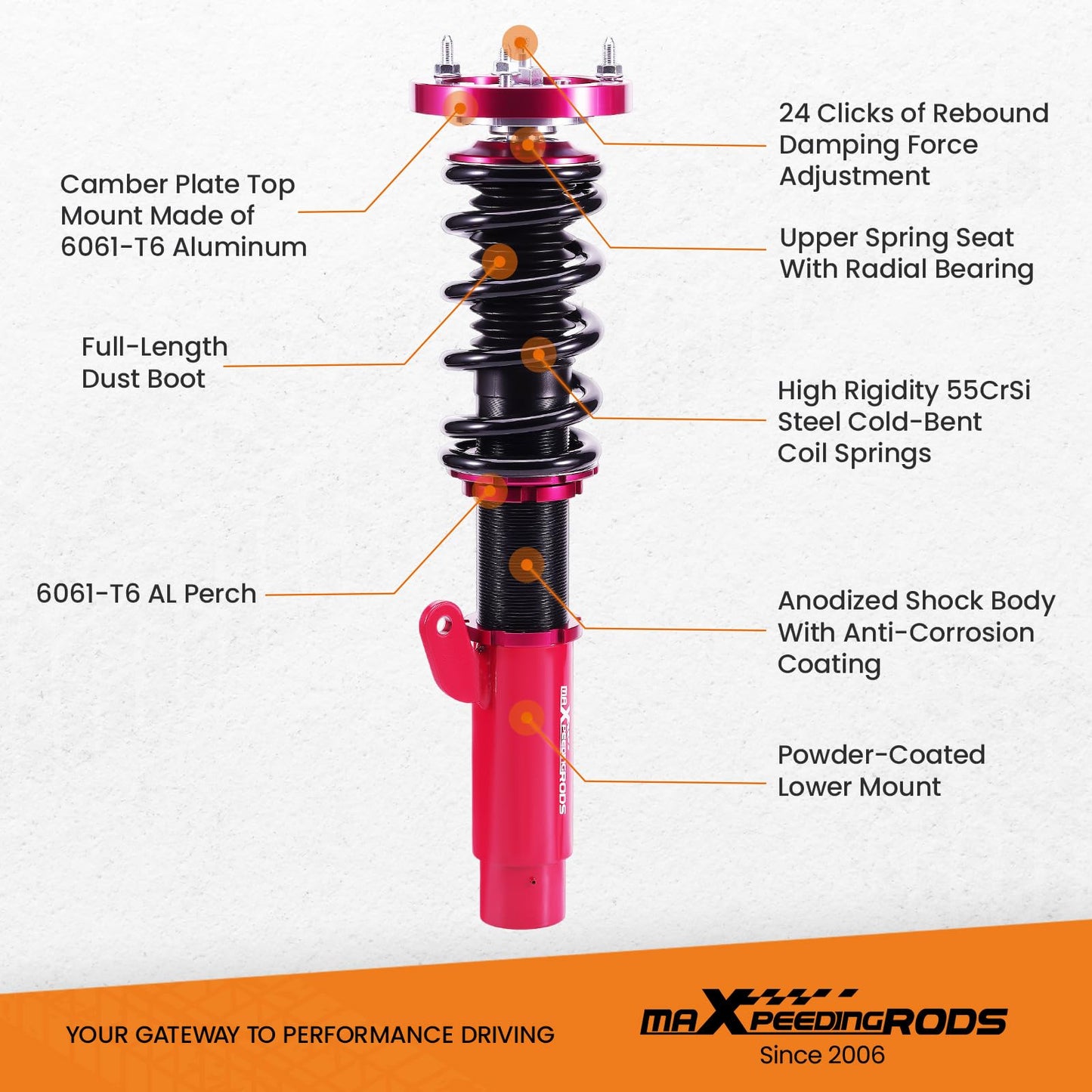 maXpeedingrods suspension coilover for E46 3 Series 98-06 adjustable hardness 320d, 330d Red.