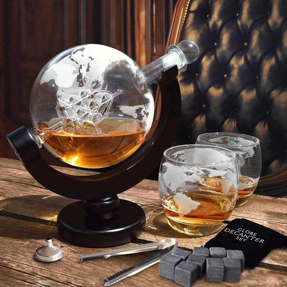 MikaMax Whiskey Decanter Globe Set - Whisky Globe Decanter Set, Including Whiskey Glasses and Whiskey Stones - Whiskey Gift Set, Gifts for Men