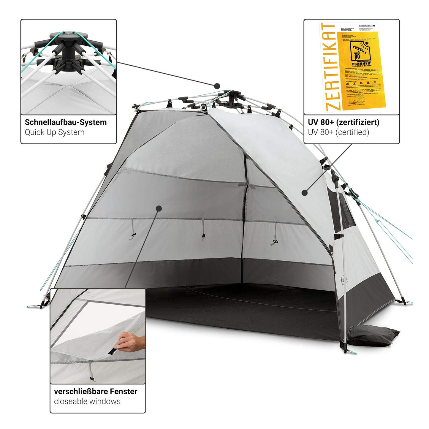 Qeedo Quick Bay beach shelter with UV protection (UV 80), beach tent with Quick-Up system - Sandgrey